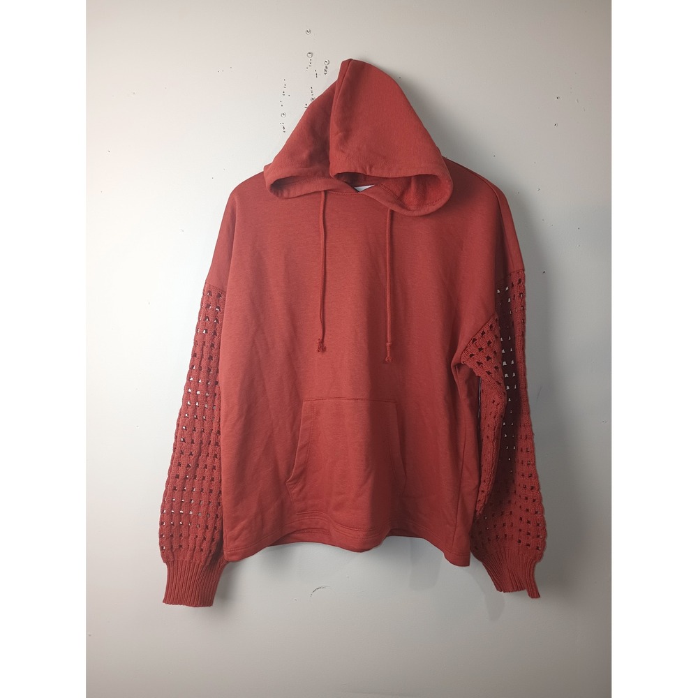 Time and Tru Womens Rust Orange Crochet Sleeve Hoodie Pullover Size L 12-14